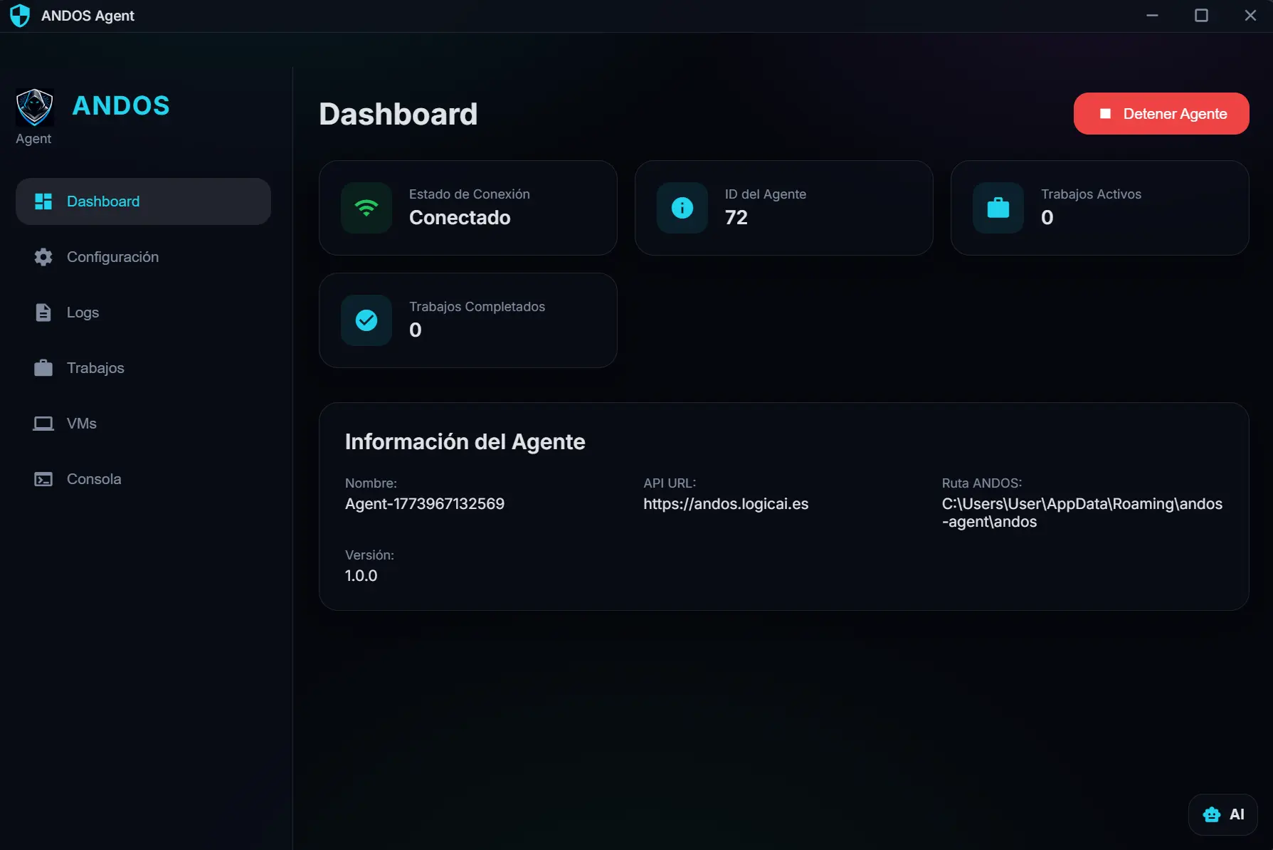 Agente de escritorio ANDOS: conexión con la plataforma